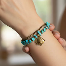Handmade Turquoise Beaded Bracelet with Lucky Fish Charm & Bells Artisan Gemstone Trinket Jewelry