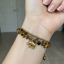 Handmade Goldstone Beaded Bracelet with Elephant Charm & Bells Sparkling Gemstone Trinket Jewelry
