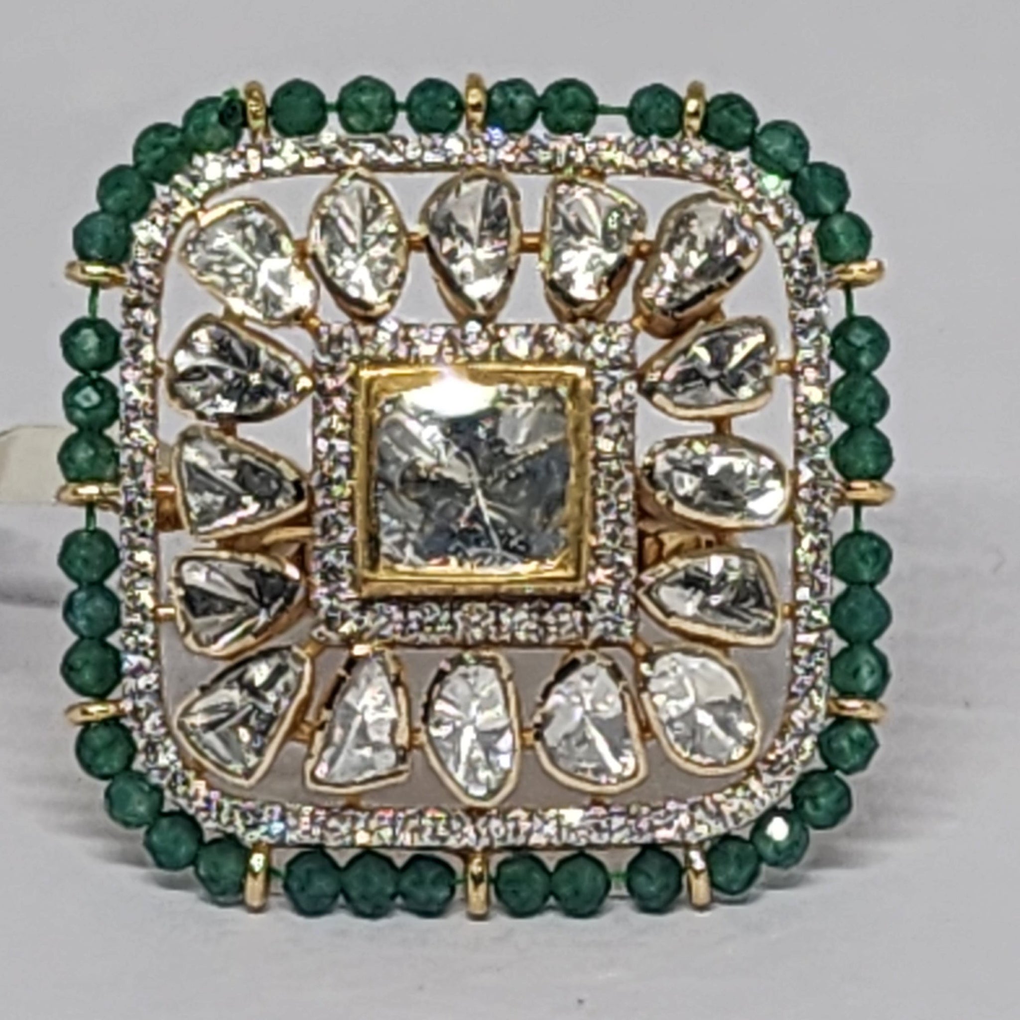 14K Yellow Gold Diamond Polki Emerald Ring – Mughal-Era Aesthetic with Precious Gemstone Accents