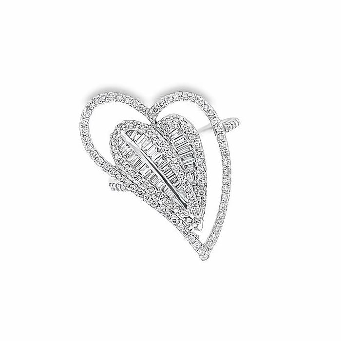 18K White Gold Ring Natural Diamond Long Heart Love Channel Set Anillo
