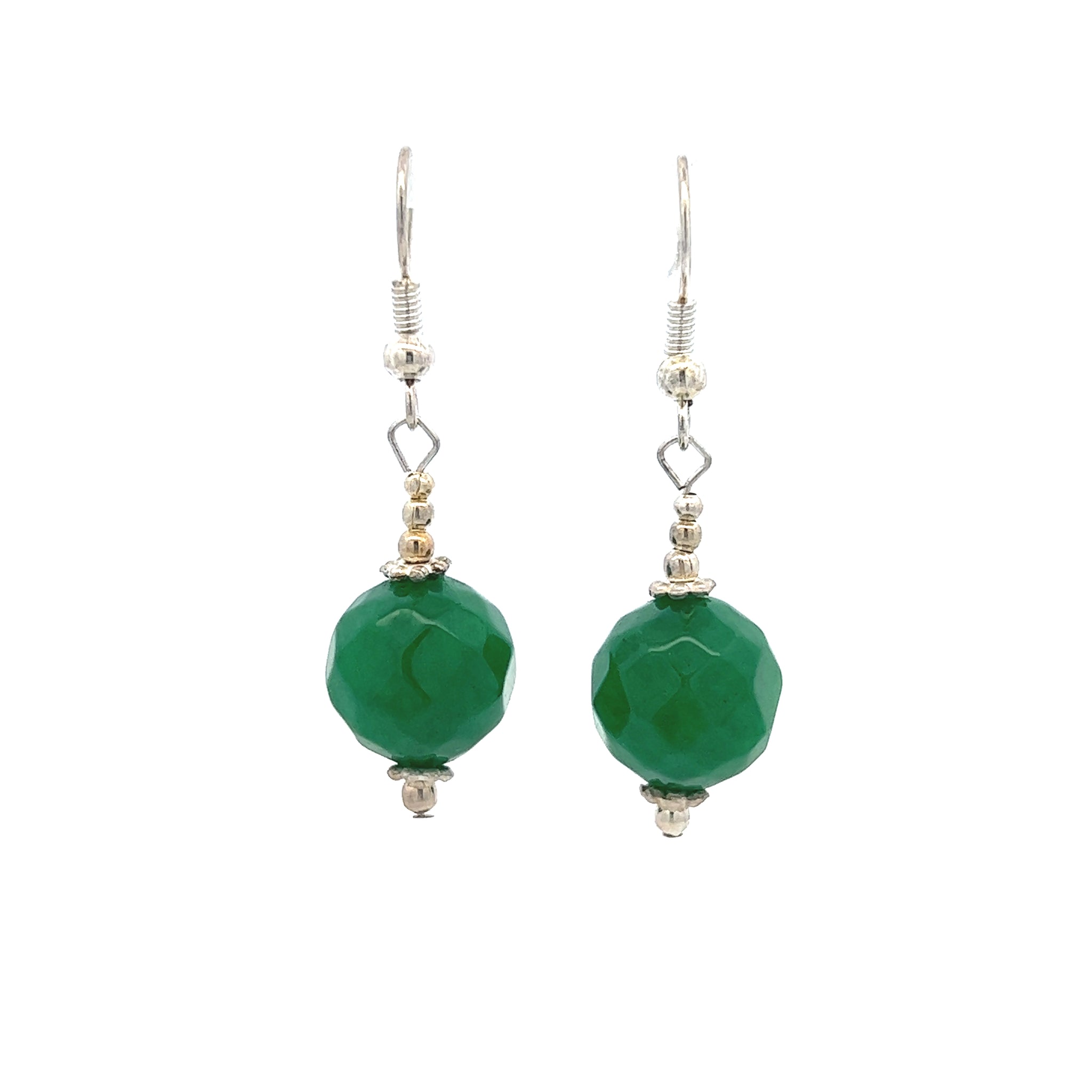 Green Jade 12mm Ball Facet Dangle Gemstone Earrings