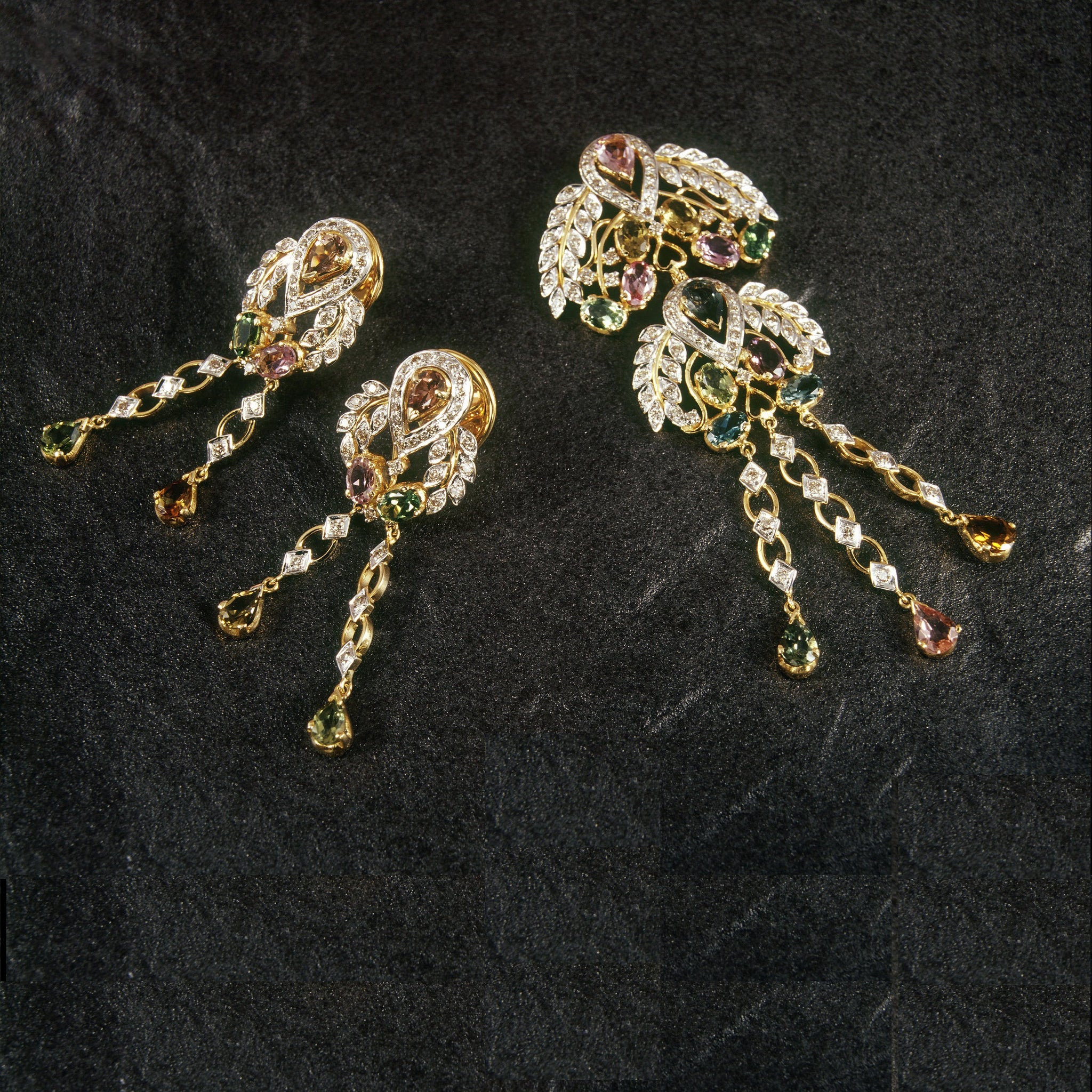 18K Yellow Gold Pendant Earring with Diamond & Multi Tourmaline Natural Gemstone Tassel Elegant Jewellery Set