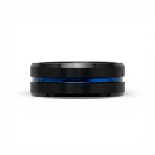 Tungsten Ring Thin Blue Line Center Recessed Stripe Black Brushed Beveled Edges Band
