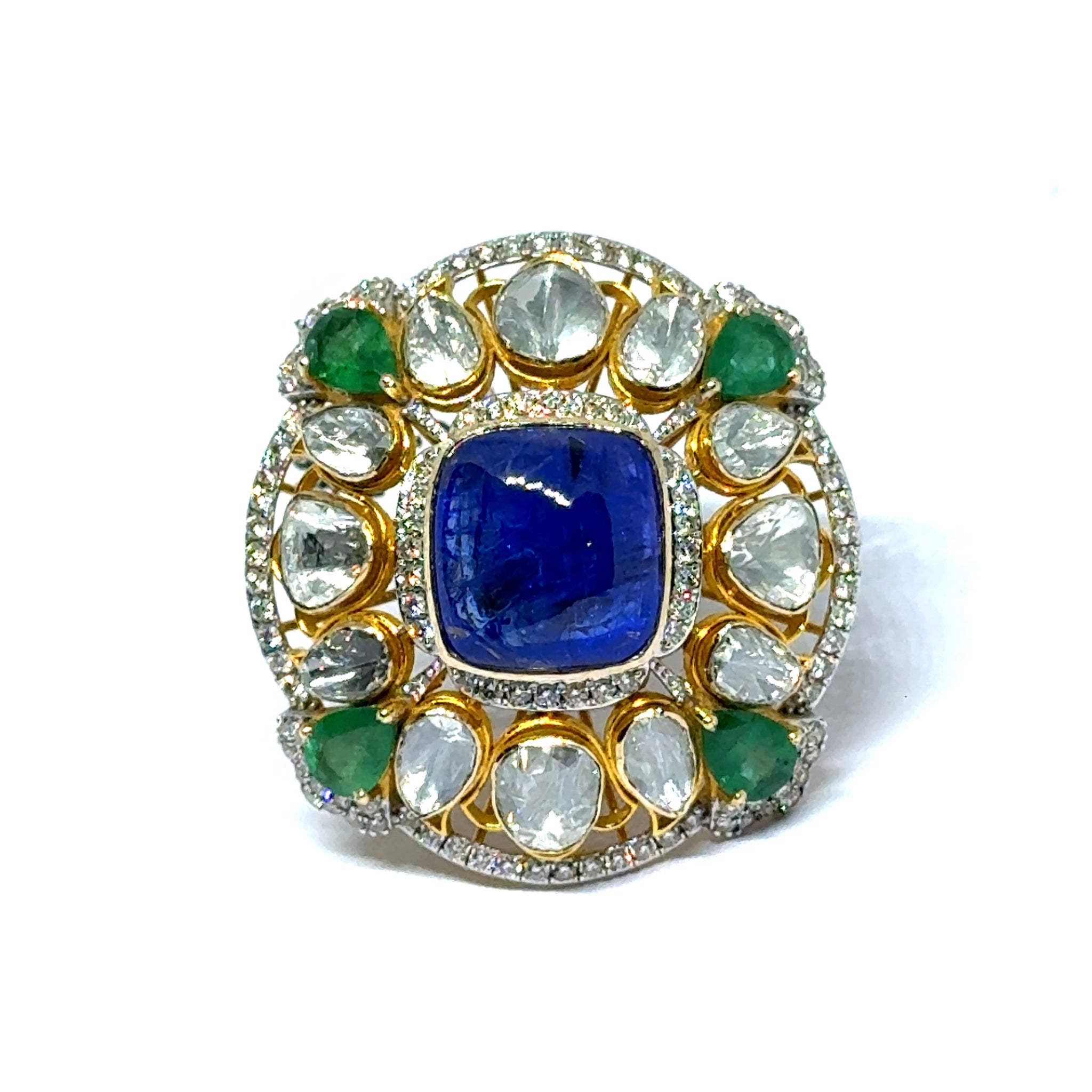 14K Yellow Gold Diamond Polki Tanzanite Emerald Ring – Colorful Blend of Gemstones in Royal Setting