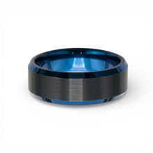 Tungsten Ring Black Raised Satin Finish Blue Stepped Edges Band