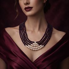 Natural Garnet Rondelle Facet Beads & Pearl Multi Layered Gemstone Necklace