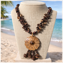 Handmade Natural Wood Floral Carved Pendant with Light Coconut Shell Tassels Ethnic Jewelry