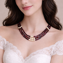 Natural Garnet Chobra 6mm & Pearl Layered Gemstone Necklace
