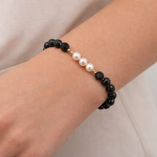 Natural Black Tourmaline 7mm Bead & Pearl Accent Bracelet | 8.2 Inch Elegant Jewelry Minimalist Centerpiece Design