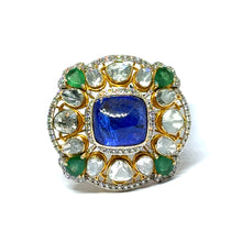 14K Yellow Gold Diamond Polki Tanzanite Emerald Ring – Colorful Blend of Gemstones in Royal Setting