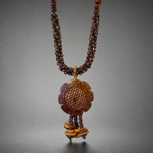 Natural Handmade Dark Coconut Shell Floral Carved Necklace Unique Tassels Jewelry