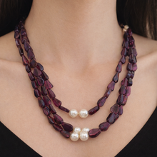 Natural Garnet Pear with Pearl Round Rice Gemstone Necklace
