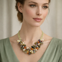 Natural Plain Peridot Ball & Mix Semiprecious Gemstone Necklace