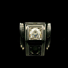 9K White Gold Signet Ring | Bold Square Bezel Solitaire | Solid Stepped Shoulders Design Jewelry - Ring