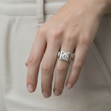 9K White Gold Signet Ring | Bold Square Bezel Solitaire | Solid Stepped Shoulders Design Jewelry - Ring