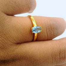9K Yellow Gold Solitaire Ring | Natural Blue Topaz Open Bezel Setting | Modern Minimal Design Jewelry - Ring