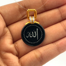 9K Yellow Gold | Natural Diamond & Black Onyx Allah Two-Sided Pendant | Islamic Religious Faith Fine Medallion - Pendant