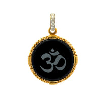 9K Yellow Gold Natural Diamond & Black Onyx Om Symbol Pendant | Hindu Religious Rope-Frame Fine Jewelry - Pendant