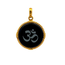 9K Yellow Gold Natural Diamond & Black Onyx Om Symbol Pendant | Hindu Religious Rope-Frame Fine Jewelry - Pendant