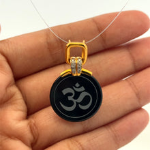 9K Yellow Gold Natural Diamond & Black Onyx Om Symbol Religious Pendant | Hindu Devotional Medallion Jewelry - Pendant