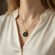9K Yellow Gold Natural Diamond & Black Onyx Om Symbol Religious Pendant | Hindu Devotional Medallion Jewelry - Pendant