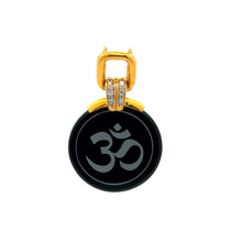 9K Yellow Gold Natural Diamond & Black Onyx Om Symbol Religious Pendant | Hindu Devotional Medallion Jewelry - Pendant