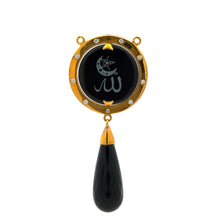 9K Yellow Gold Natural Diamond & Black Onyx Two-Sided Drop Pendant | Allah Islamic Religious Statement Jewelry - Pendant