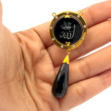 9K Yellow Gold Natural Diamond & Black Onyx Two-Sided Drop Pendant | Allah Islamic Religious Statement Jewelry - Pendant