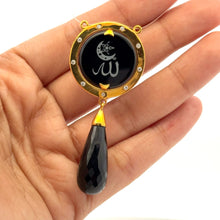 9K Yellow Gold Natural Diamond & Black Onyx Two-Sided Drop Pendant | Allah Islamic Religious Statement Jewelry - Pendant