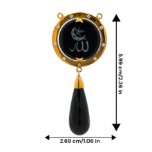 9K Yellow Gold Natural Diamond & Black Onyx Two-Sided Drop Pendant | Allah Islamic Religious Statement Jewelry - Pendant
