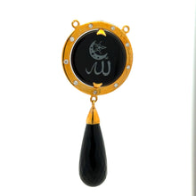 9K Yellow Gold Natural Diamond & Black Onyx Two-Sided Drop Pendant | Allah Islamic Religious Statement Jewelry - Pendant