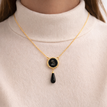 9K Yellow Gold Natural Diamond & Black Onyx Two-Sided Drop Pendant | Allah Islamic Religious Statement Jewelry - Pendant