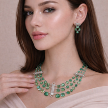 9K Yellow Gold Natural Emerald & Diamond Beaded Necklace & Earrings Set | Cylindrical Diamond Bars - Necklace Earring