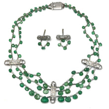 9K Yellow Gold Natural Emerald & Diamond Beaded Necklace & Earrings Set | Cylindrical Diamond Bars - Necklace Earring