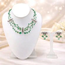 9K Yellow Gold Natural Emerald & Diamond Beaded Necklace & Earrings Set | Cylindrical Diamond Bars - Necklace Earring