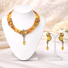 9K Yellow Gold Natural Multi Sapphire & Diamond Necklace and Earrings Set | Multi Strand Bridal Fine Jewelry - Necklace