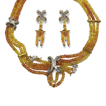 9K Yellow Gold Natural Multi Sapphire & Diamond Necklace & Earrings Set | Multi Strand Bridal Fine Jewelry - Necklace