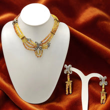 9K Yellow Gold Natural Multi Sapphire & Diamond Necklace & Earrings Set | Multi Strand Bridal Fine Jewelry - Necklace