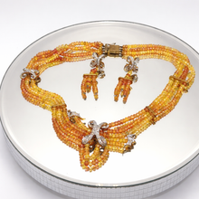 9K Yellow Gold Natural Multi Sapphire & Diamond Necklace & Earrings Set | Multi Strand Bridal Fine Jewelry - Necklace
