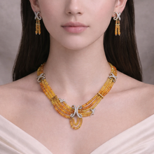 9K Yellow Gold Natural Multi Sapphire & Diamond Necklace & Earrings Set | Multi Strand Bridal Fine Jewelry - Necklace