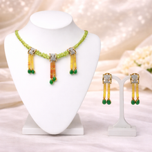 9K Yellow Gold Natural Peridot, Emerald & Diamond Multi Strand Necklace & Earrings Set | Diamond Cylindrical Connectors