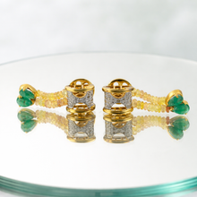 9K Yellow Gold Natural Peridot Emerald & Diamond Necklace & Earrings Set | Diamond Cylindrical Connectors - Necklace