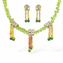 9K Yellow Gold Natural Peridot, Emerald & Diamond Multi Strand Necklace & Earrings Set | Diamond Cylindrical Connectors
