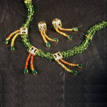9K Yellow Gold Natural Peridot Emerald & Diamond Necklace & Earrings Set | Diamond Cylindrical Connectors - Necklace