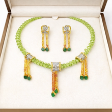 9K Yellow Gold Natural Peridot Emerald & Diamond Necklace & Earrings Set | Diamond Cylindrical Connectors - Necklace