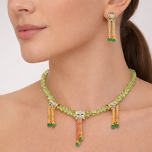 9K Yellow Gold Natural Peridot, Emerald & Diamond Multi Strand Necklace & Earrings Set | Diamond Cylindrical Connectors