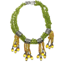 9K Yellow Gold | Natural Peridot Sapphire Citrine & Diamond Necklace & Earrings Set | Cylindrical Bars - Necklace