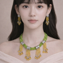 9K Yellow Gold | Natural Peridot Sapphire Citrine & Diamond Necklace & Earrings Set | Cylindrical Bars - Necklace