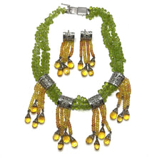 9K Yellow Gold | Natural Peridot Sapphire Citrine & Diamond Necklace & Earrings Set | Cylindrical Bars - Necklace