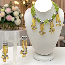 9K Yellow Gold | Natural Peridot Sapphire Citrine & Diamond Necklace & Earrings Set | Cylindrical Bars - Necklace